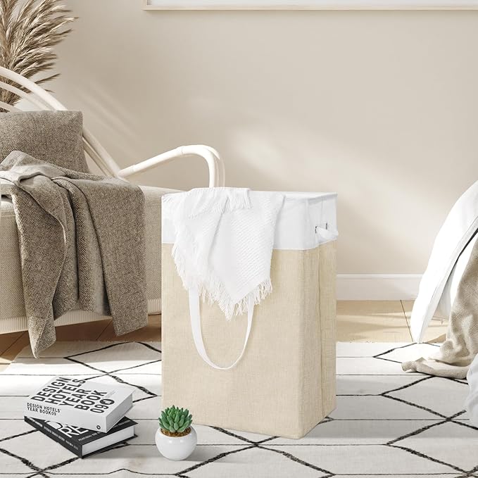Stero Fabric Laundry Hamper, 75L Large Laundry Basket with Handles, Collapsible Dirty Clothes Hamper for Laundry Dorm, Bedroom, Bathroom, White&Beige