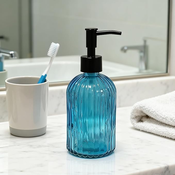 Blue Glass Dish Soap Dispenser, 13.5oz Refillable Liquid Hand Soap Dispenser, Lotion Dish Dispenser for Modern Home Decor, Kitchen Countertop, Bathroom, Hotel (2 Pack)
