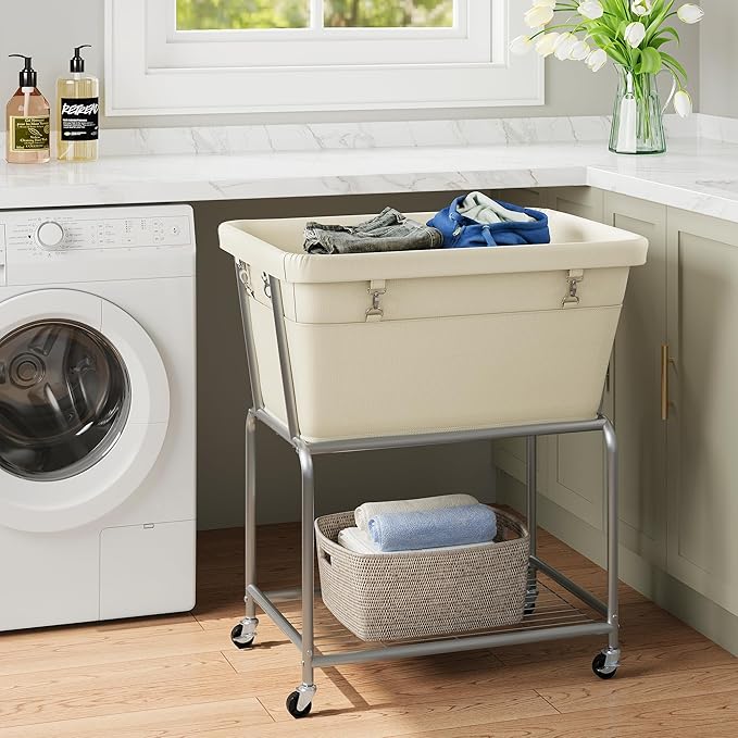 ELYKEN Rolling Laundry Hamper with Wheels, 32-Gallon (122L) Laundry Cart with Removable Bag, 2-Tier Clothes Basket Hamper with Shelf for Closet, Bedroom, Bathroom, Laundry Room, Cream