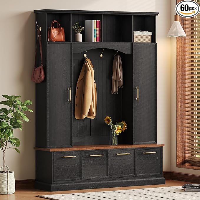 Versatile Hall Tree with Golden Hooks and 2 Doors, 5-in-1 Wood Coat Rack Entryway Shoe Cabinet with Bench& Adjustable Shelves, Functional 59'' Wide Hall Tree for Entrance Hallway (Black-8.2)