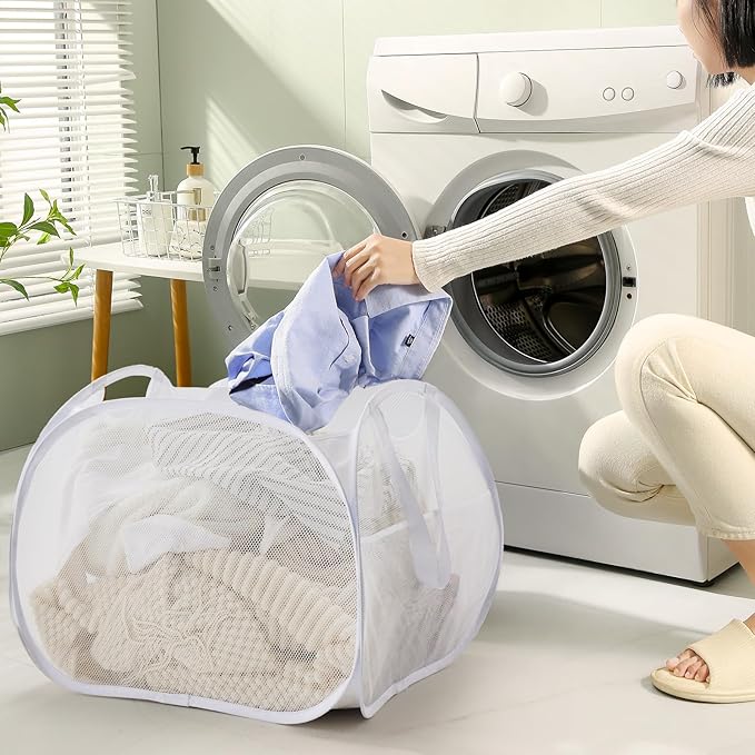 TECHMILLY Collapsible Mesh Pop Up Laundry Hamper with Strong Handles, Large Opening Clothes Hamper with Side Pockets, Storage Baskets for Dorm, Laundry Room, Bathroom or Travel (White, 90L)