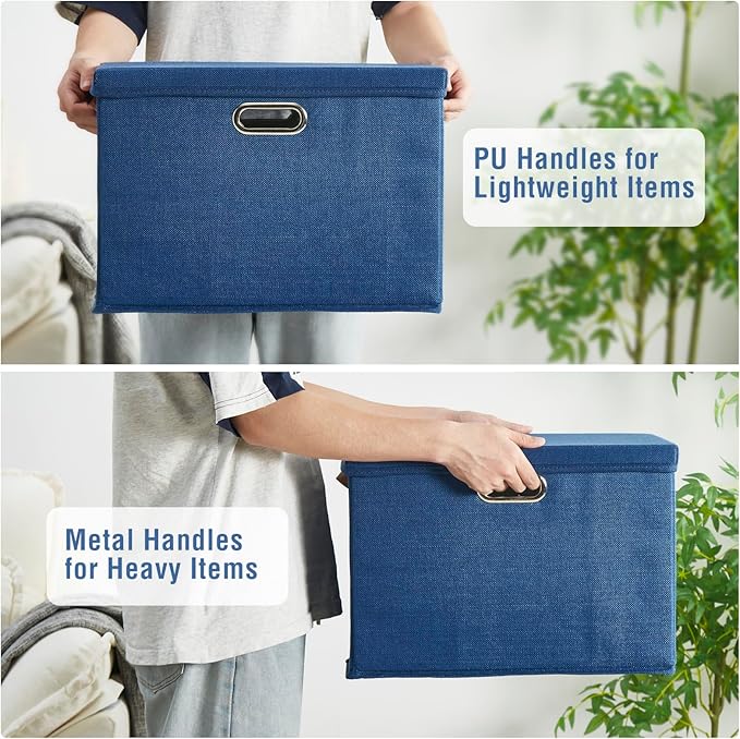 15" Large Collapsible Storage Bins with Lids, Stackable Closet Organizers with PU Handle and Labels, 3-Pack Decorative Fabric Storage Boxes for Home, Bedroom, Closet, Office, Nursery(Navy Blue)