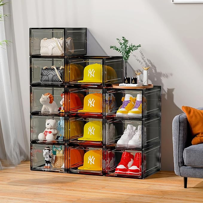 Hat Organizer Box, Stackable Clear Baseball Caps Holder Box Containers with Magnetic Door for Hats Snapback Cap Storag, Hat Rack Display Case, Holds 8 Hats Each (Black, 6 Pack)