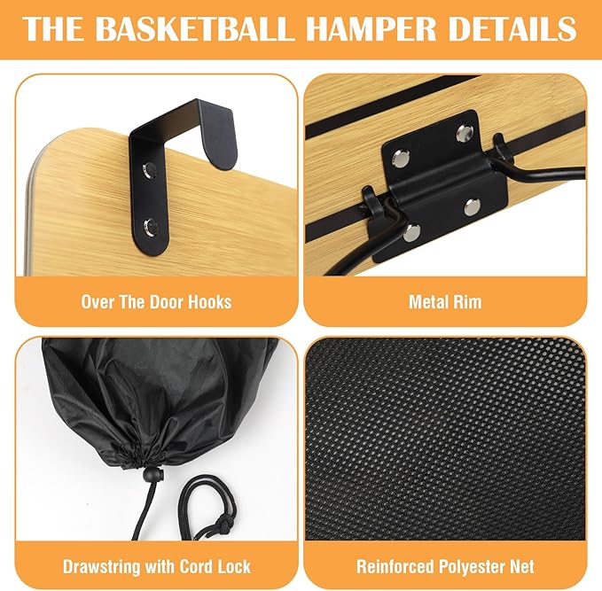 Wooden Basketball Laundry Hamper, Over the Door Basketball Hoop Laundry Basket with Drawstring for Kids Room, Dorm Rooms,Bathroom, Saving Space Storage and Organization, Room Decor