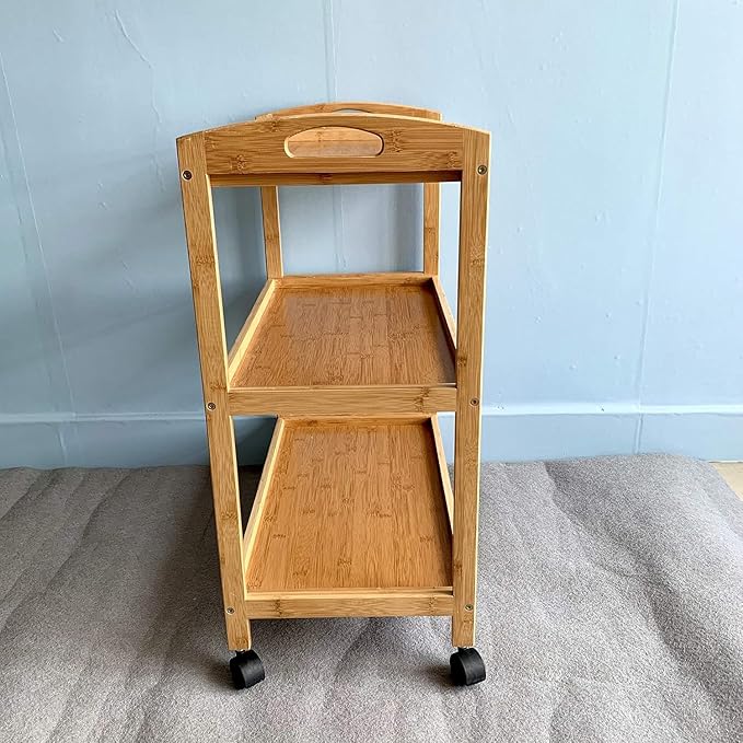 Bamboo Kitchen Storage Rolling Shelf with Wheels, 3 Tier Island Bar Cart, Microwave Oven Serving Organizer for Home, Dining Room, Laundry Room with Lockable Castors