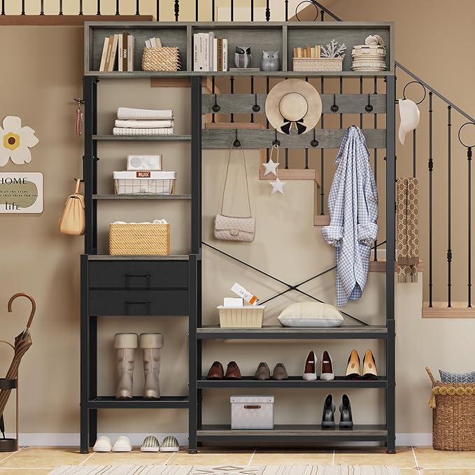 Itaar Hall Tree with Bench and Shoe Storage, 7-in-1 Entryway Bench with Coat Rack, 3 Storage Cubbies, 3 Open Shelves, 17 Coat Hooks, 2 Fabric Drawers (Oak Grey)