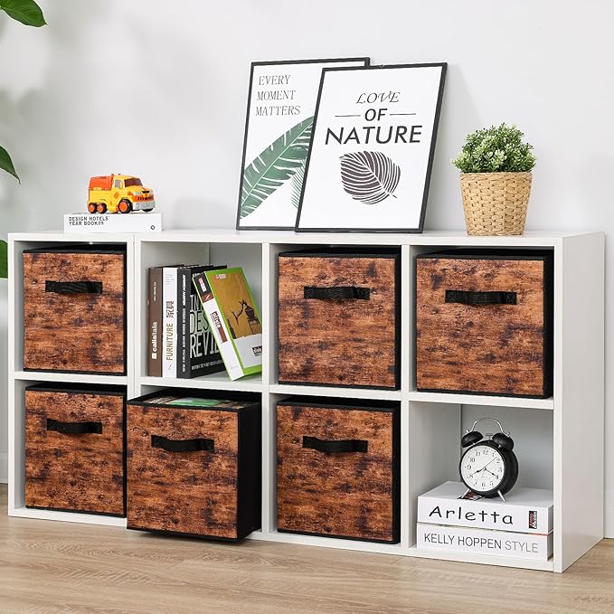 Stero Fabric Storage Cubes, 8 Pack Foldable Storage Bins with Handle, 11 InchBox for Shelves, Closet, Organizer, Rustic Brown and Black