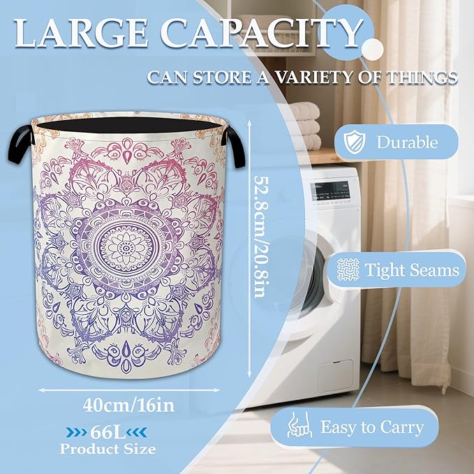 Groovy Mandala Laundry Basket Collapsible Laundry Hamper with Handle, Oxford Clothes Toy Storage Bin for Bathroom Bedroom Room Decor, Gift Basket 16" X 20.8"