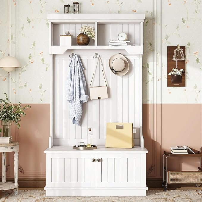 35.5 inch Hall Tree with Bench and Shoe Storage Shelf, Wood Hall Tree with 4 Hooks/Mudroom Bench with Storage and Hooks, Wood Hall Trees for Entryway, Hallway, Living Room, White