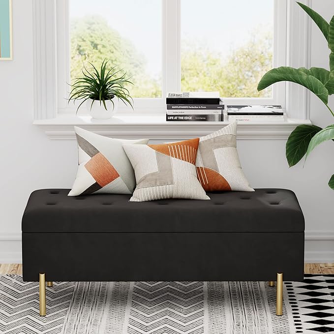 Andeworld Velvet Storage Bench, Modern Bedroom Bench, Upholstered Tufted Large Settee Ottoman with Storage Bench for Bedroom,Living Room,Entryway,Black