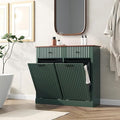 Fluted Tilt Out Laundry Hamper Cabinet, 10 Gallon Hidden Trash Can Cabinet, Wooden 2 in 1 Tilt Out Garbage Can for Kitchen, Bathroom (Green, Full)