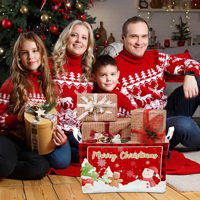 1 Pcs Merry Christmas Storage Basket, Red Plaid Decor Christmas Gift, Santa Claus Storage Boxes, Storage Boxes for Home Clothes, Toys and Books, Winter Xmas Party Decor Storage