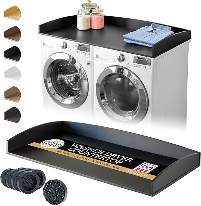 Nedura Washer Dryer Countertop w/Anti-Vibration Pads & Curved Edge Rails, Premium Bamboo Laundry Countertop, Washer Dryer Topper, Laundry Room Organization, Laundry Accessory, Designed in USA - Black