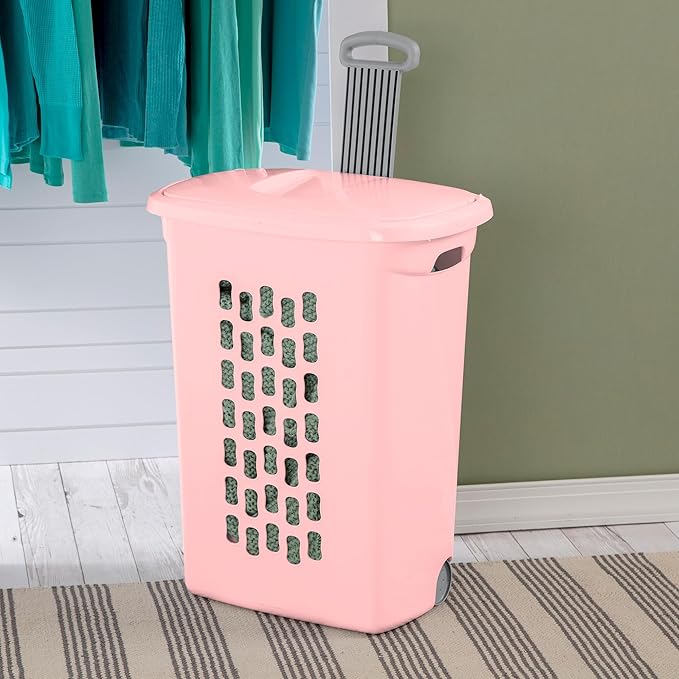 Sterilite 3 Pack Ultra Wheeled Hamper, Plastic Laundry Basket Clothes Bin with Wheels, Flip Top Lid and Retractable Handle, Pink Frost