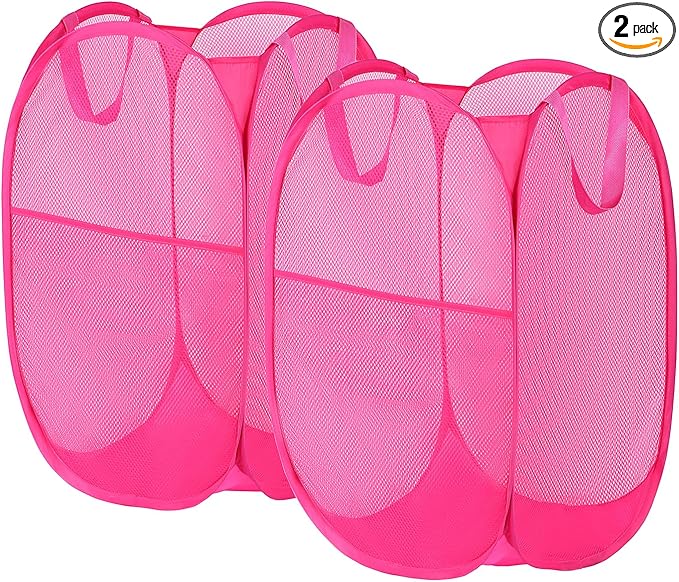 2 Pack Laundry Basket,Foldable Mesh Pop-up Laundry Hamper with Durable Handle,Easy to Open and Fold for Dorm, Laundry Room, Bedroom, RV… (Rose Red+Rose Red)