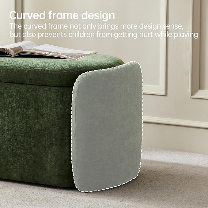 VKNOW Oval Storage Ottoman Bench, 46" Upholstered End of Bed Bench Ottomans Bench Foot Rest, Sherpa Storage Bench for Bedroom, Living Room and Hallway, Green