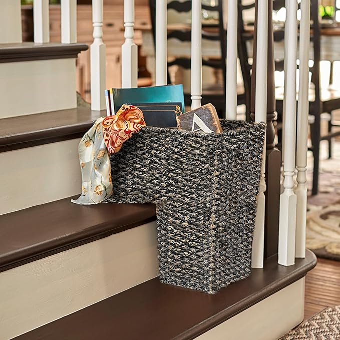 Creative Co-Op Woven Bankuan Rope Stair Basket with Handles, Black