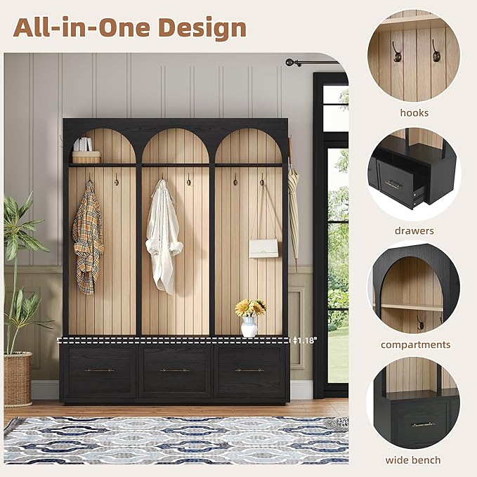 Farmhouse Hall Tree with Three Arched Design, All-in-One Design Wooden Coat Rack & Shoe Organizer with 3 Drawers, 59" Wide Entryway Bench with 8 Retro Hooks for Mudroom, Living Room (Black//538)