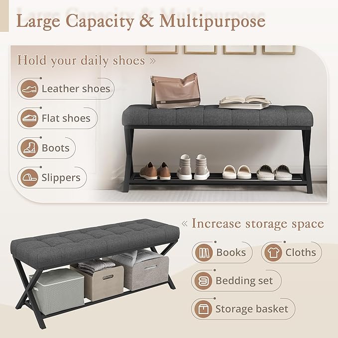 LUE BONA 44.5” End of Bed Bench with Shelf, Linen Tufted Upholstered Storage Shoe Bench, Modern Bedroom Bench with Metal Legs for Living Room, Entryway, Dining Room, 300 LB, Carbon Gray