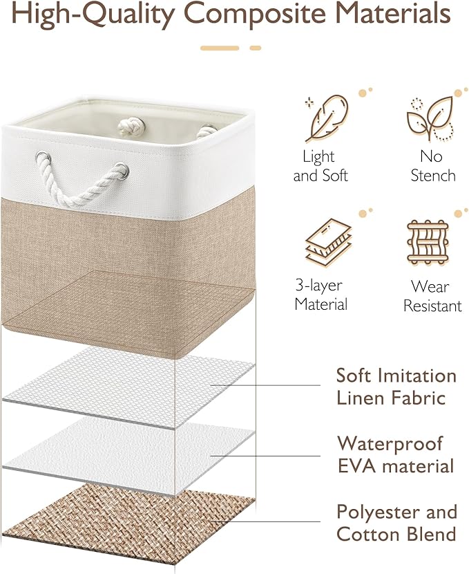 11 Inch Cube Storage Bins, 6 Pack Fabric Storage Cubes with Rope Handles, Organizer Baskets for Closet Shelves, Clothes and Home Organization(White/Khaki)