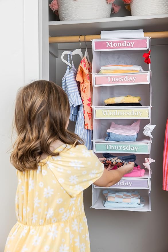 Weekly Clothes Organizer for Kids – 5 Shelf Hanging Closet Storage for School Outfits | Monday to Friday Daily Clothing Divider with Color Labels, 33" Durable Polyester