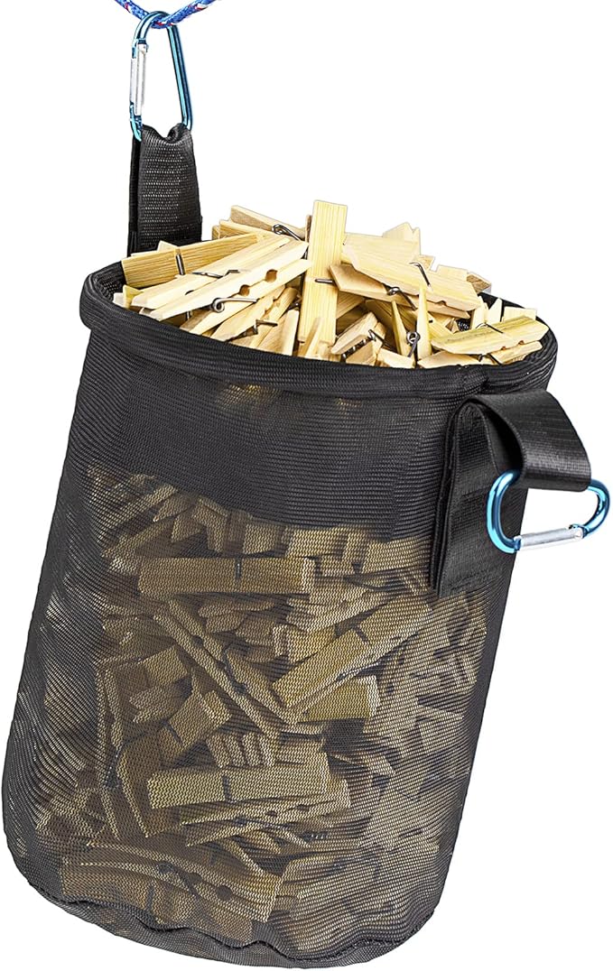 Mesh Clothespin Bag Holder Outside, Multiple Hanging Methods Clothes Pin Bag with Drawstring Closure, Ventilation and Moisture Resistance, Large-Capacity Clothespin Storage Organizer with Hooks