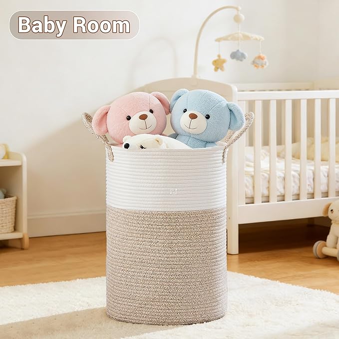 Tall Laundry Basket with Handles, 72L Portable Dirty Clothes Hamper, Boho Cotton Rope Storage Bin for Blankets Kids Toys Gifts, Large Organizer for Baby Nursery Bedroom Bathroom, Brown