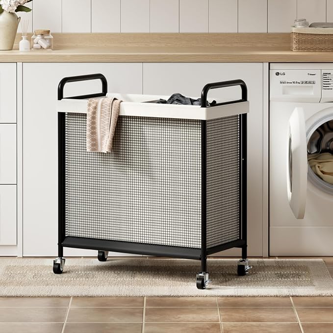 WOWLIVE Laundry Hamper 2 Section, 100L Rolling Laundry Basket with wheels and Removable Liner Bag, Double Laundry Sorter with Metal Handle, Clothes Hamper for Laundry Room, Bathroom and Dorm, Beige