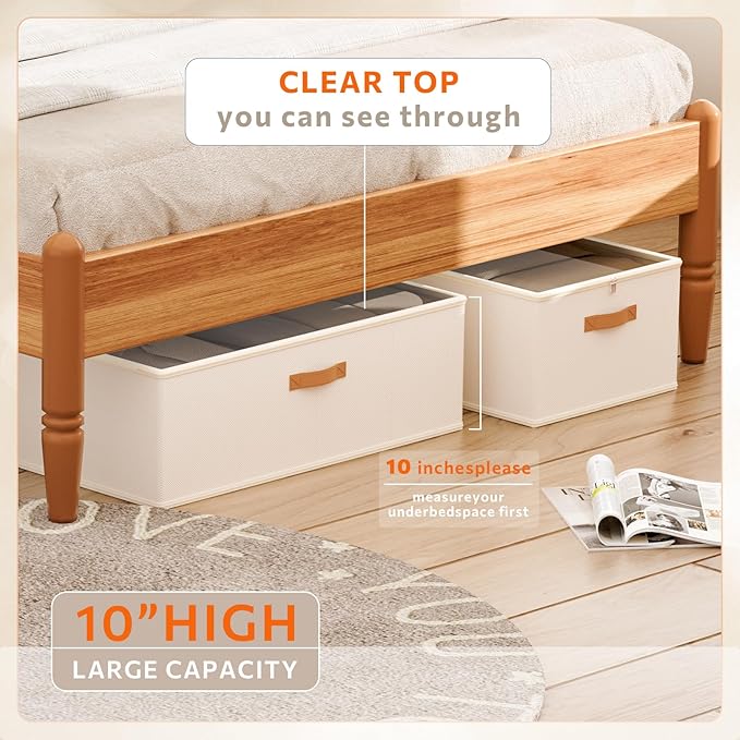 10 Inch 2 Pack Under Bed Storage Containers, 10 Inch Tall Underbed Clothes Storage Organizer Bin with Clear Window，Foldable Box Basket for Clothes, Closet, Bed Sheets and Blankets White