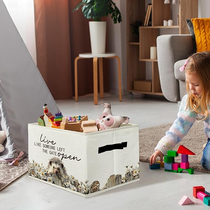 Rustic Hedgehog Storage Bins & Boxes with Handles, Farmhouse Hedgehog Foldable Basket for Organizing, Live Like Someone Left the Gate Open Collapsible Storage Basket for Bedroom Bathroom Clothes
