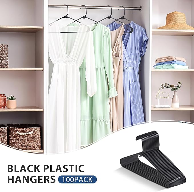 ZenStyle 100 Pack Standard Size White Plastic Hangers for Clothes Lightweight Space Saving Tubular Clothing Hangers (Black)