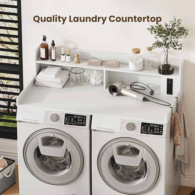 Upgraded 2-Tier Washer and Dryer Countertop with Power Outlet,54" W x 27.6" D Large Laundry Countertop for Fold Clothes, Laundry Topper with Non-Slip Pads & Metal Hooks and Storage Basket