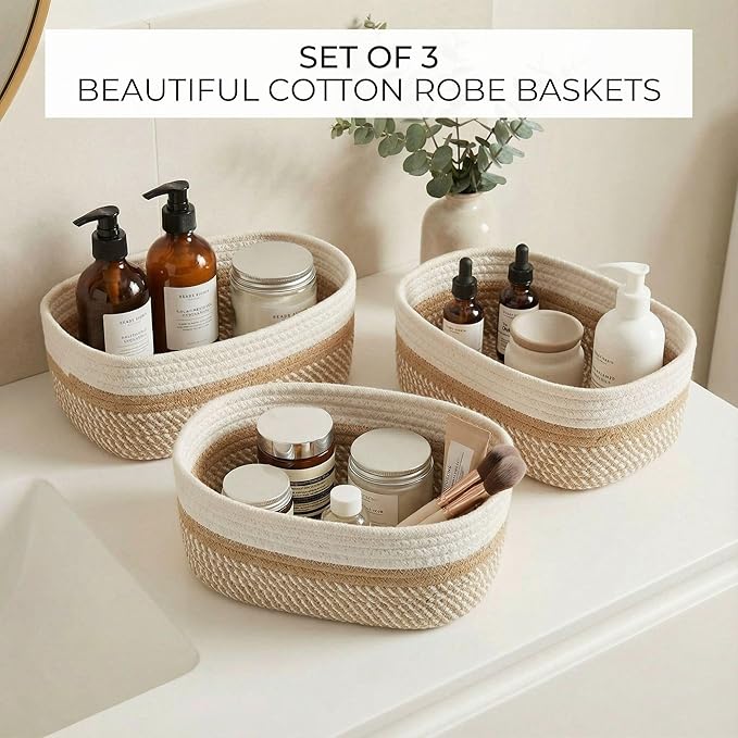 Beautiful Storage Basket Set of 3 - Sturdy Cotton Rope Baskets for Shelves Are Perfect for Organizing Your Home - Quality Storage Bins Easily Fit With Any Nursery or Bedroom Decor