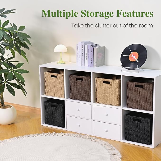 Woven Wicker Storage Baskets 4-Pack, 11x11 Handwoven Paper Rope Organizer Bins, Foldable Cube Storage Cubes with Built-in Handles for Shelves and Closet Organization(Dark Brown）