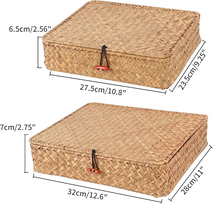 Flat Wicker Shelf Baskets with Lid, Seagrass Woven Basket Boxes for Storage Basket Bins Multipurpose Home Decor Organizer (Natural Set of 2)