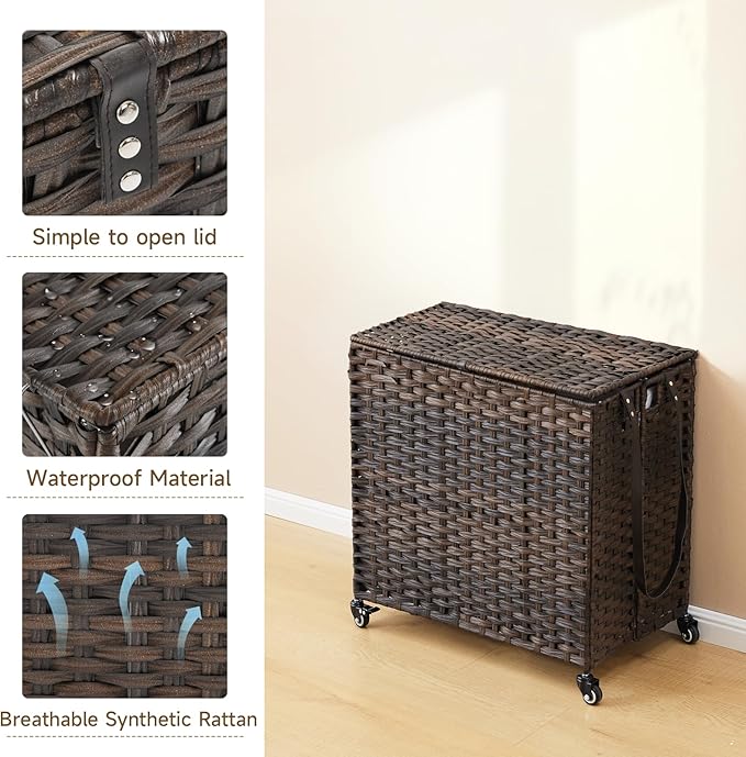 Laundry Hamper with Wheels, 34.3 Gallon(130L) Rolling Laundry Basket with Lid, 3-Section Rattan Clothes Hamper with 3 Removable Liner & 3 Mesh Bags, Laundry Sorter with Side Pocket, Brown