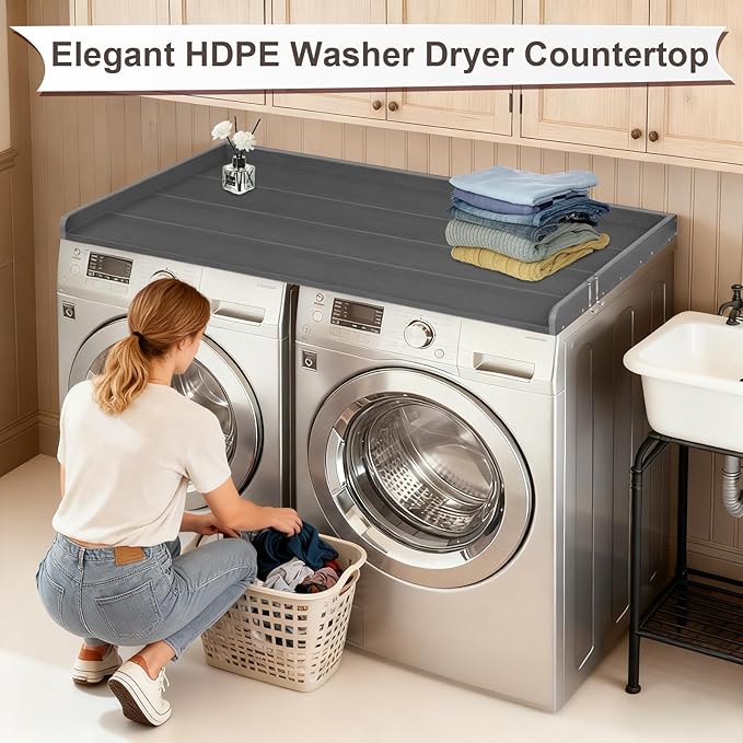 Washer Dryer Countertop, HDPE Laundry Countertop with Edge Rails, No-Installation-Grey