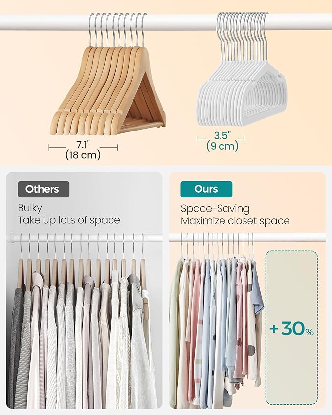 SONGMICS Kids Hangers 50 Pack, 14 x 8 Inches, Non-Slip Velvet Baby Hangers for Closet, Space-Saving, Wide Shoulder Notches, Cloud White UCRF038W01