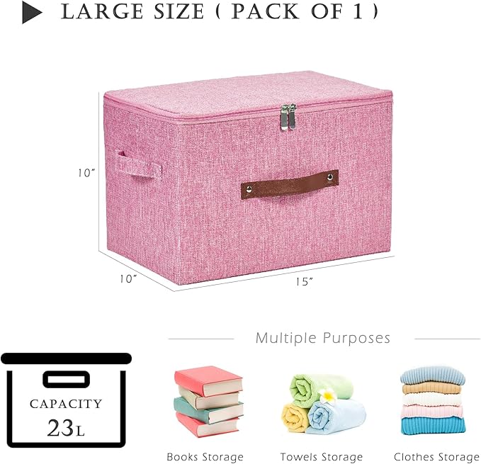 Storage Bins with Zipper Lid Cotton Linen Fabric Lidded Storage Baskets Boxes Foldable Washable Closet Shelf Clothes Organizer Container with PU Leather Handles (Pink, Large)
