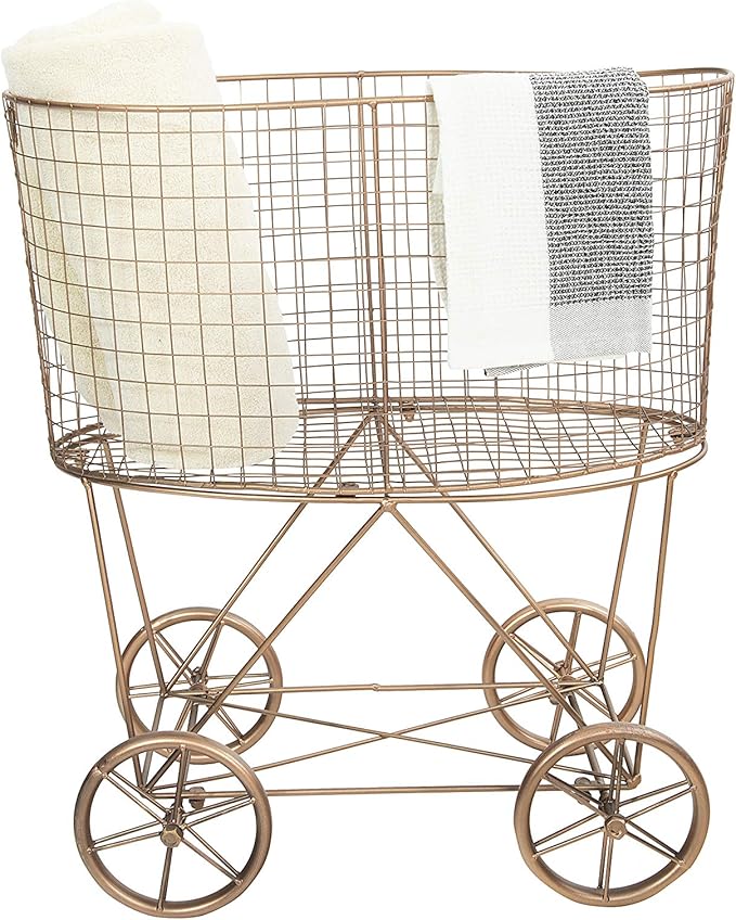 Creative Co-Op Vintage Reproduction Decorative Metal Laundry Basket on Wheels, Copper