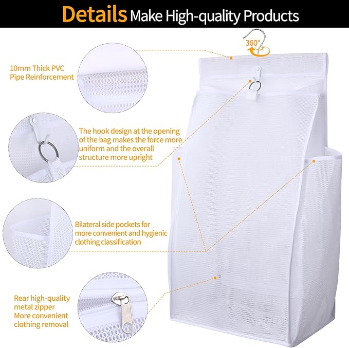 Hanging Collapsible Breathable Mesh Laundry Hamper, White, 24 x 14.2 x 7.5 in