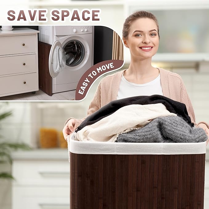 150L Laundry Hamper with lid, 3-Section Clothes Laundry Basket with Handles, Large Collapsible Bamboo Baskets for Bedroom, Bathroom, Dorm, Brown
