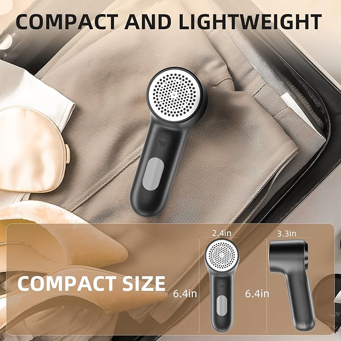 Fabric Shaver, Electric Lint Remover, Rechargeable Lint Shaver, Household Essentials for Clothes, Upholstery, Furniture, Sweater Defuzzer to Remove Pilling, Battery Operated, Black