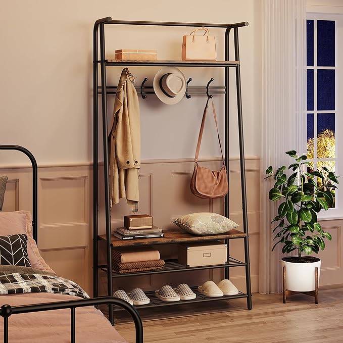 Coat Rack Shoe Bench with Single-Row 6 Hooks 80cm Width, 3-Tier Shelf Entryway Hall Tree with Storage, Metal Frame Multifunctional Organizer, 4-in-1 Coat Rack for Bathroom, Hallway.Brown.