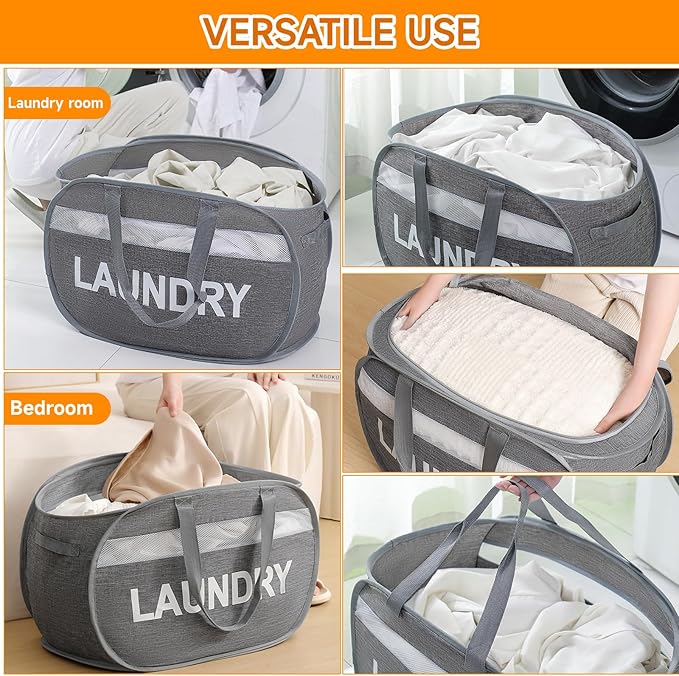 Foldable Laundry Basket with Lid, Oxford Cloth Reinforced Steel Ring Collapsible laundry hamper, 70L Breathable Mesh Dirty clothes hamper with Dual Handles for Home, Dorm, Apartment