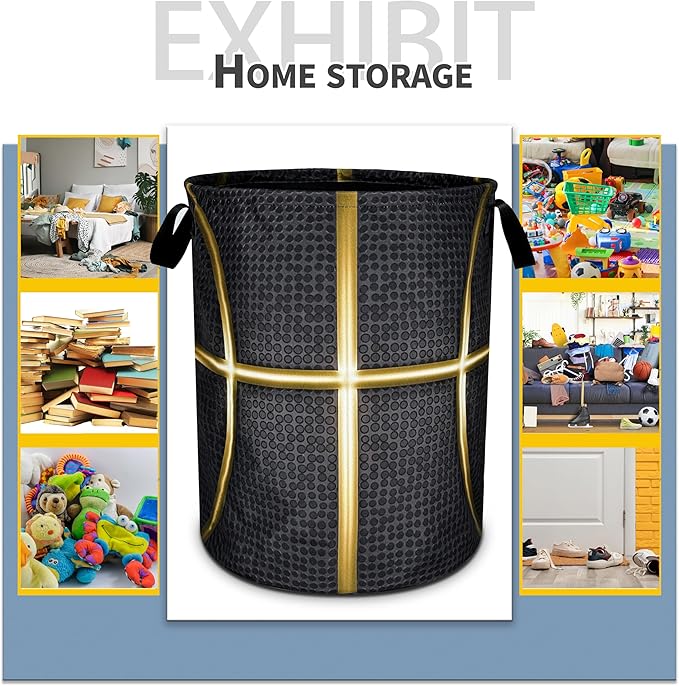 Black And Gold Basketball Laundry Basket Foldable Oxford Cloth Funny Tote Bag Laundry Hamper Clothes Storage Bucket Toy Organizer For Bathroom/Laundry Storage/Bedroom 18.9x16.5 Inch