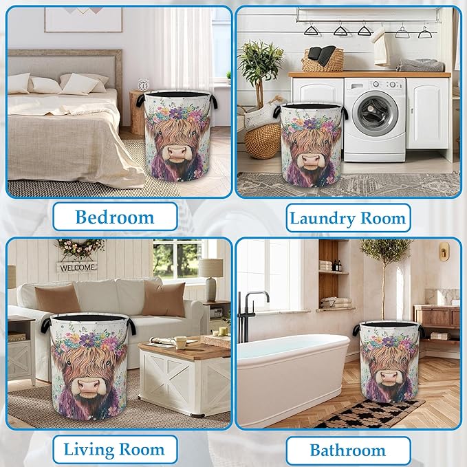 Highland Cow Laundry Basket Collapsible Laundry Hamper Oxford Storage Bin for Clothes Storage, Toy Organizer, Books and Sundries 16" X 20.8"