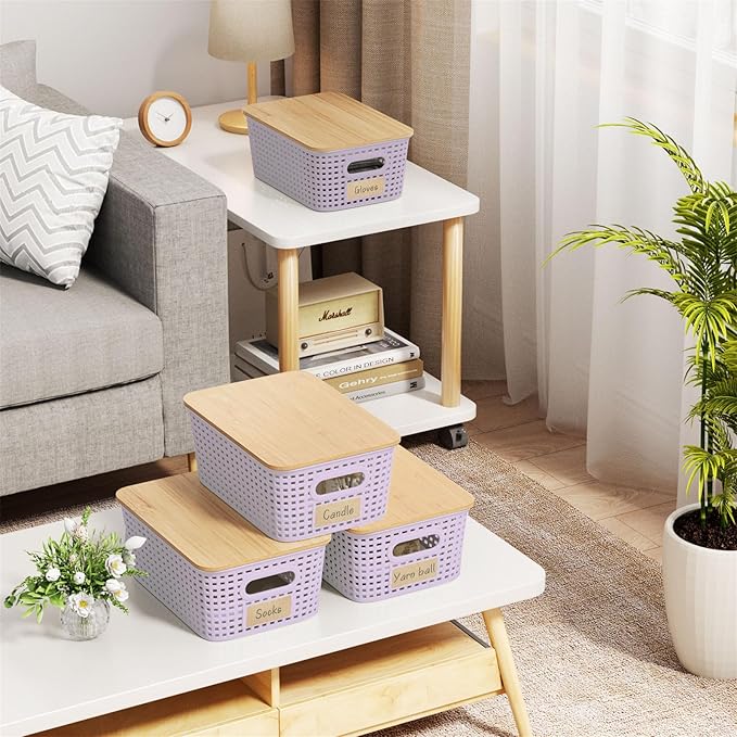 6Pcs Storage Bins with Lids, Stackable Plastic Storage Basket with Bamboo Lid, Pantry Organizer Box Small Containers for Organizing Shelves Drawer Desktop Closet Cabinet Office Classroom 10x7.1x4.1in