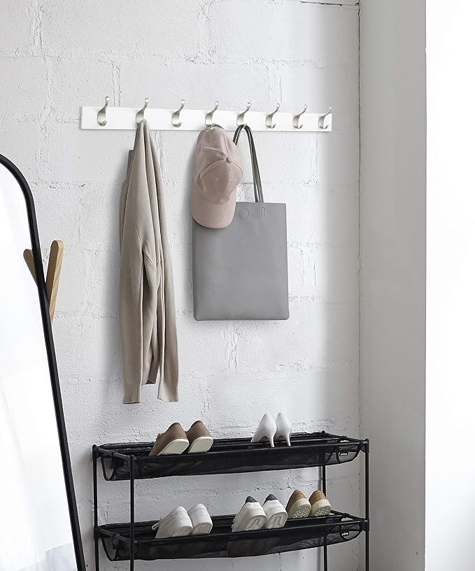 Amazon Basics Wall Mounted Modern Coat Rack for Entryway and Bedroom with Versatile Storage Hooks, Rectangular, 8-Hook, White | Rectangular, Modern