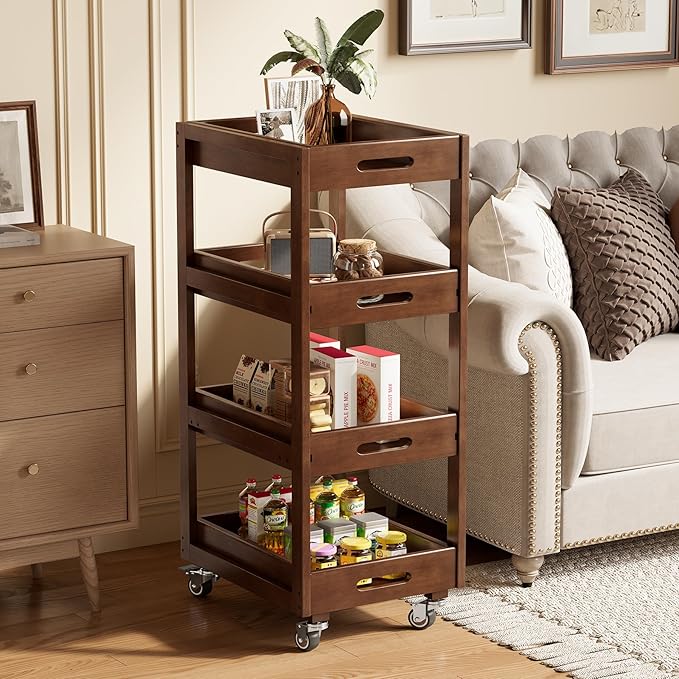 Solid Wood Storage Cart, 4-Tier Slim Kitchen Rolling Cart with Wheels, Narrow Mobile Utility Organizer Shelving Unit for Small Space, Living Room, Dining Room, Laundry, Walnut